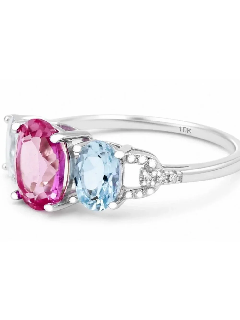 Genuine 1.56 Ct Pink Sapphire, Aquamarine & Diamond Ring Solid 10k White Gold